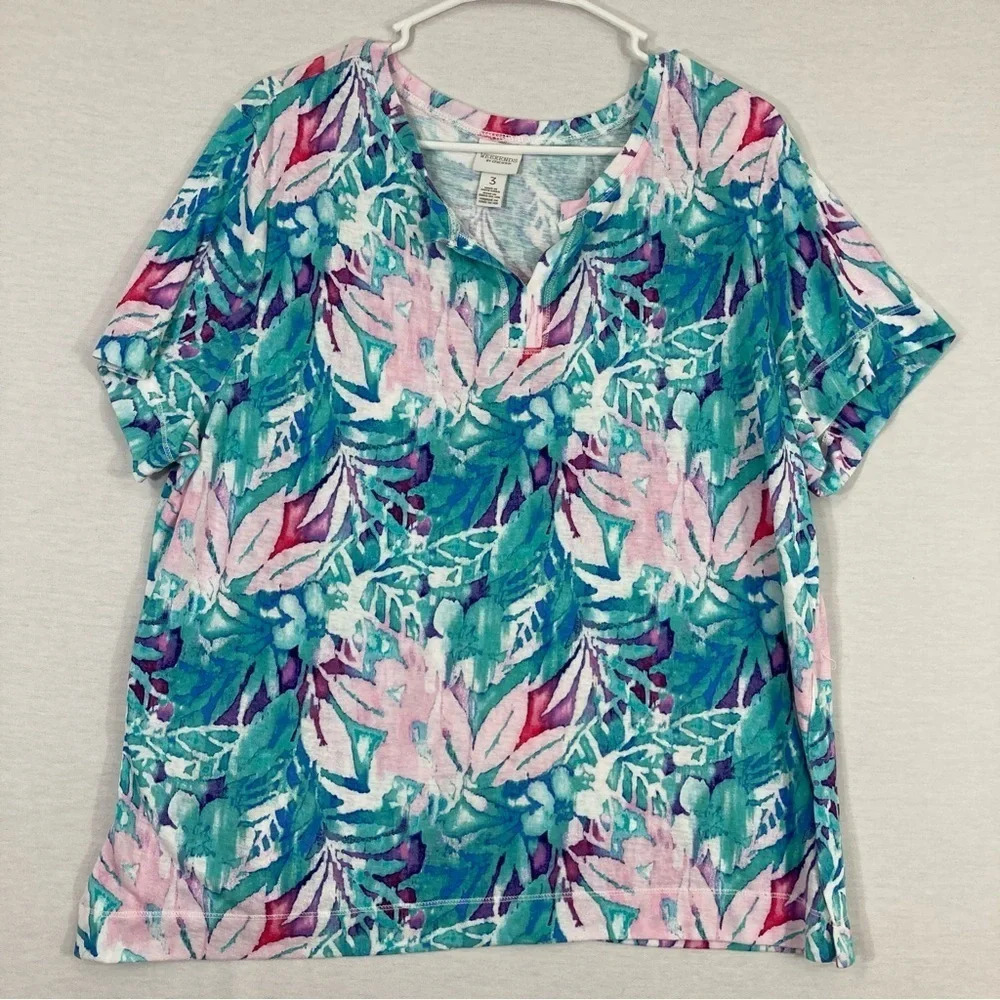 Chico's Floral V-Neck Short Sleeve Soft Stretch Casual‎ Top XL